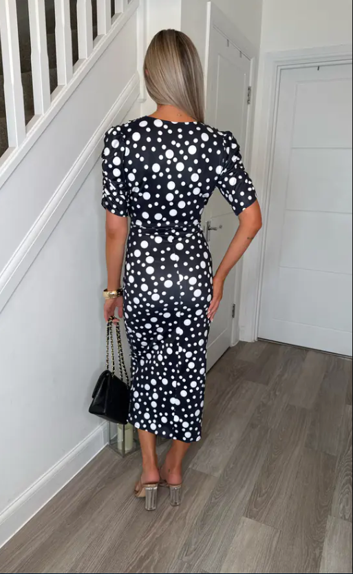 Rose Black Polka Dot Ruched Slit Bodycon Dress