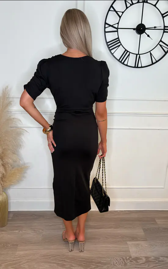 Rose Black Ruched Slit Bodycon Dress