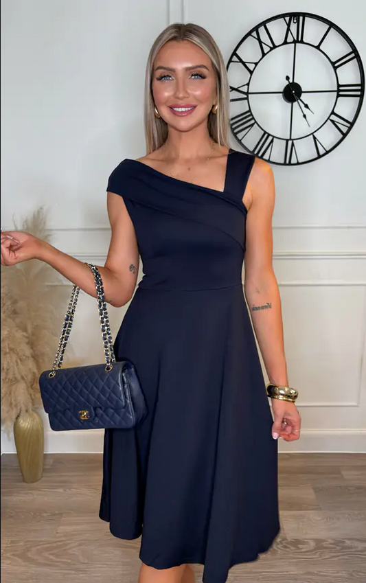 Sandra Navy Off-Shoulder Midi Dress