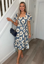 Scarlet Blue Pansy Floral Square Neck Belted Frill Hem Dress