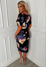 Black Flower Print Anna Batwing Midi Dress