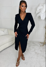 Black Chris Long Sleeve Button Detail Cinched Waist A-Line Dress