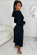 Black Chris Long Sleeve Button Detail Cinched Waist A-Line Dress