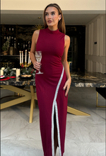 Wine High Neck Maxi With Crystal Split Detail