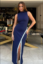 Navy High Neck Maxi With Crystal Split Detail
