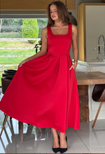 Erica Square Neck Pleated Midi Dress Red
