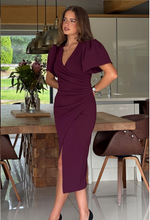 Freya Puff Sleeve Wrap Neck Ruched Midi Plum