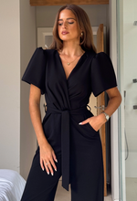 Drew Wrap Neck Puff Sleeve Jumpsuit Black