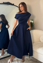 Betty Asymmetric Neckline Skater Midi Navy