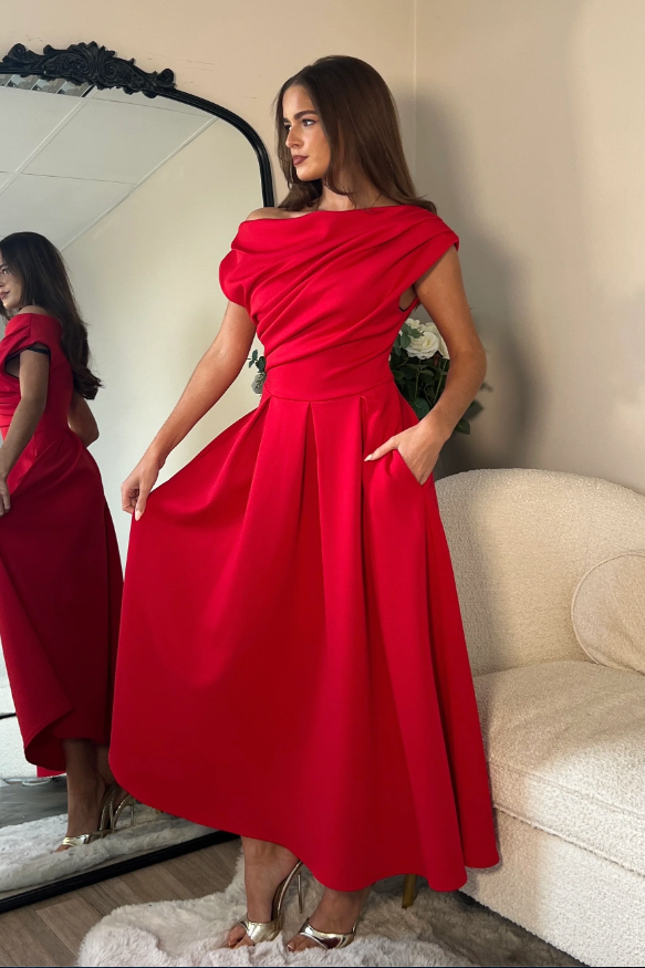 Betty Asymmetric Neckline Skater Midi Red