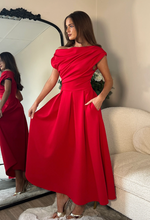 Betty Asymmetric Neckline Skater Midi Red