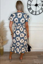 Scarlet Blue Pansy Floral Square Neck Belted Frill Hem Dress