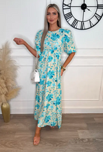 Brooklyn Stone & Blue Floral  Ruched Sleeve Maxi Dress