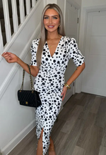 Rose White Polka Dot Ruched Slit Bodycon Dress