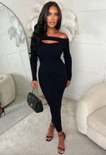 Oshin Black Long Sleeve Rib Cut Out Front Dress