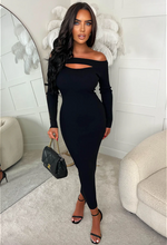 Oshin Black Long Sleeve Rib Cut Out Front Dress