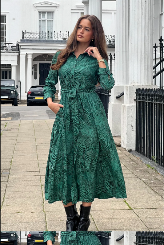 Angela Long Sleeve Maxi Shirt Dress Green Animal