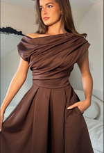 Betty Asymmetric Neckline Skater Mini Dress Brown