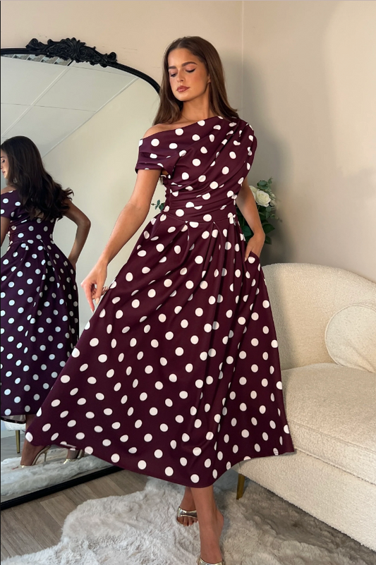 Betty Asymmetric Neckline Skater Midi Brown Spot