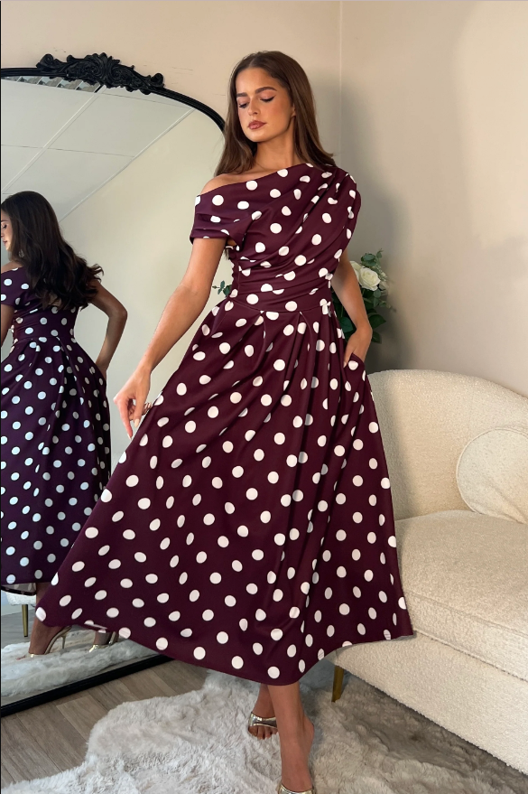 Betty Asymmetric Neckline Skater Midi Brown Spot