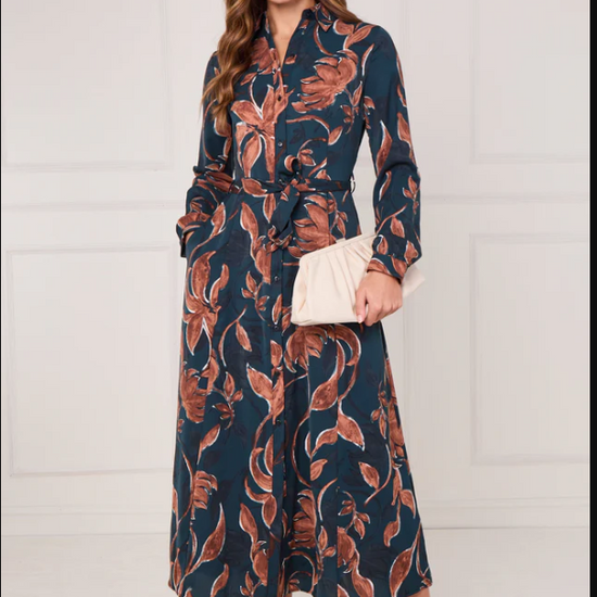 Teal and Chestnut Floral Print Maxi Shirt Dress | 1