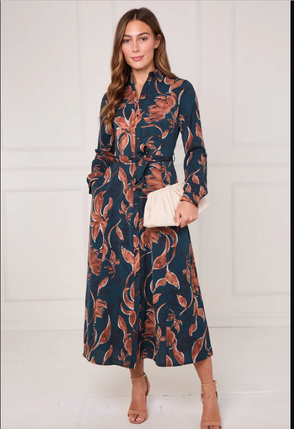 Teal and Chestnut Floral Print Maxi Shirt Dress