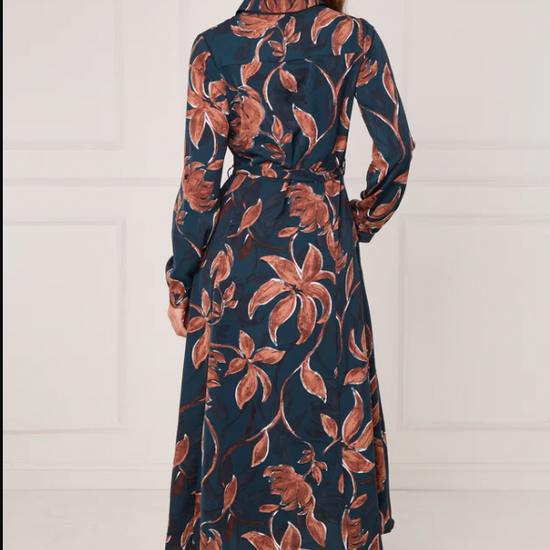 Teal and Chestnut Floral Print Maxi Shirt Dress | 2