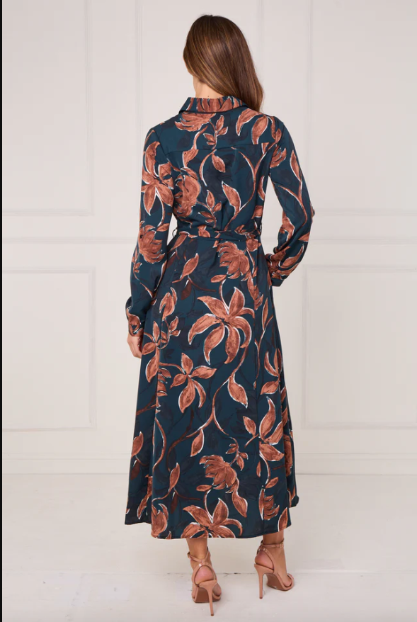 Teal and Chestnut Floral Print Maxi Shirt Dress | 2