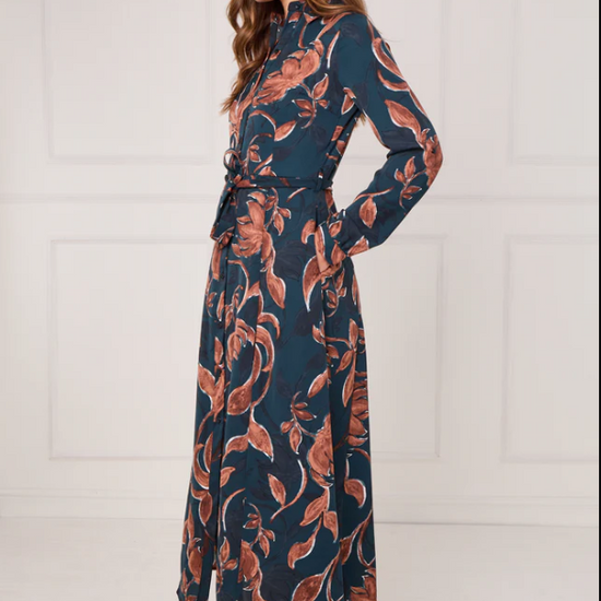Teal and Chestnut Floral Print Maxi Shirt Dress | 3