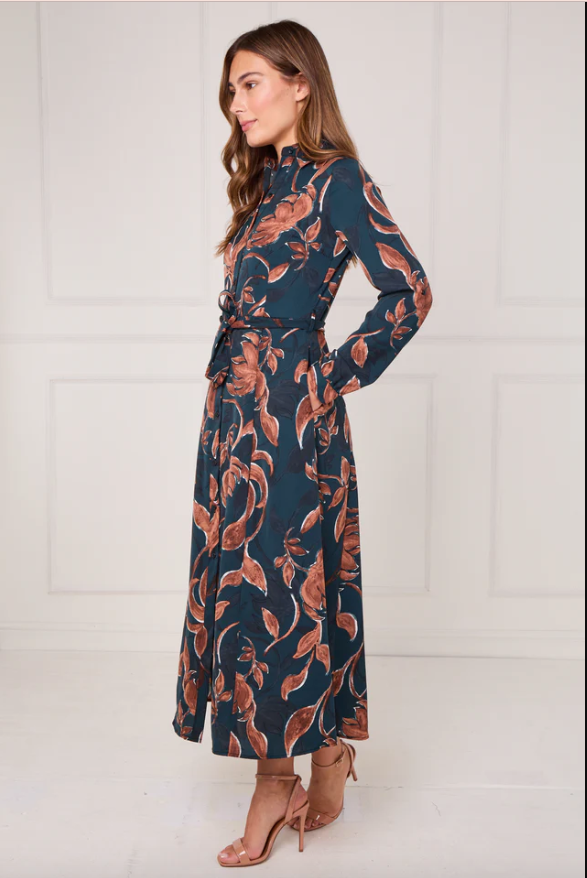 Teal and Chestnut Floral Print Maxi Shirt Dress | 3