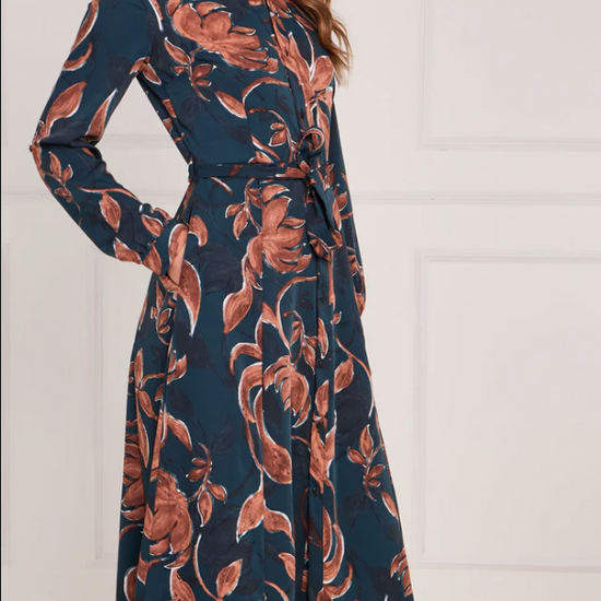 Teal and Chestnut Floral Print Maxi Shirt Dress | 4