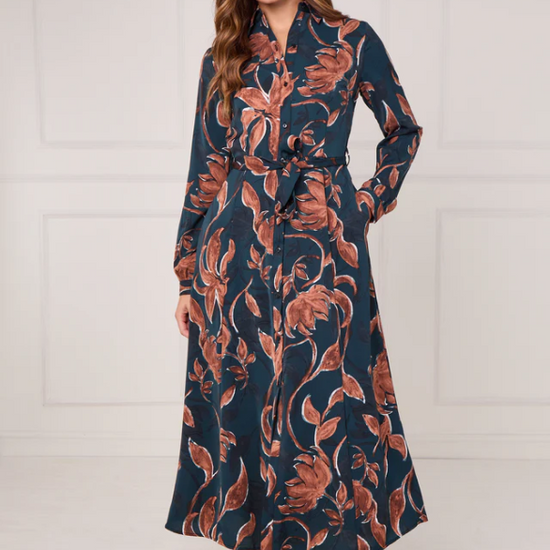 Teal and Chestnut Floral Print Maxi Shirt Dress | 5