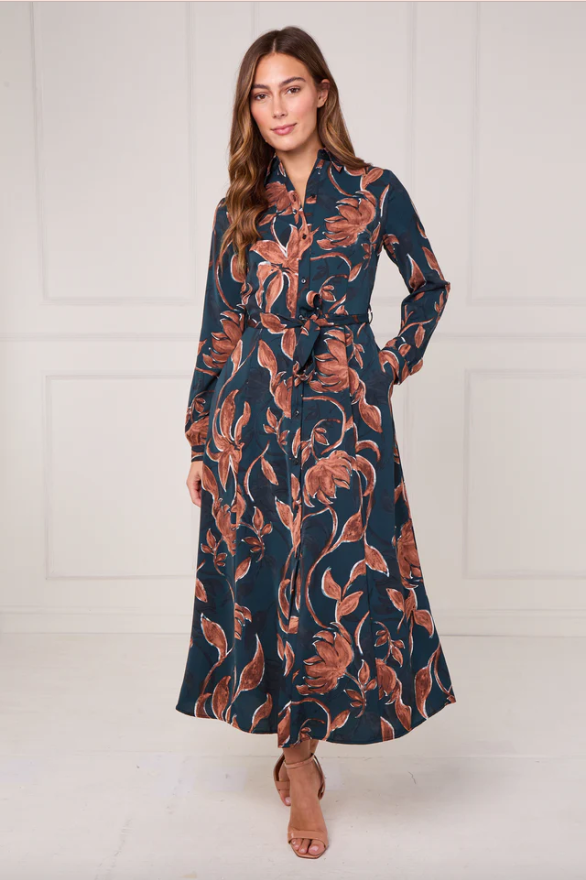 Teal and Chestnut Floral Print Maxi Shirt Dress | 5
