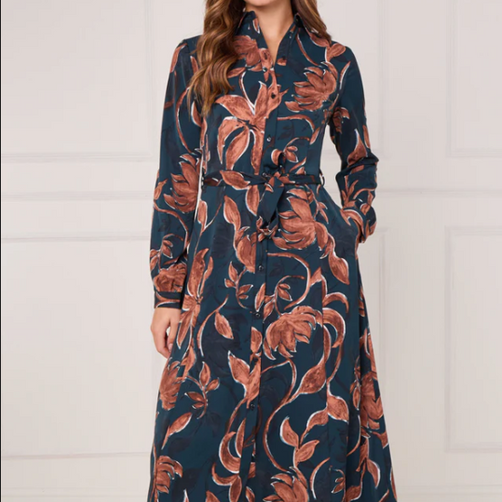 Teal and Chestnut Floral Print Maxi Shirt Dress | 6