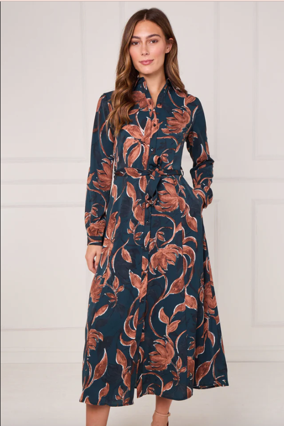 Teal and Chestnut Floral Print Maxi Shirt Dress | 6