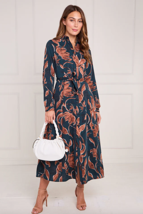 Teal and Chestnut Floral Print Maxi Shirt Dress