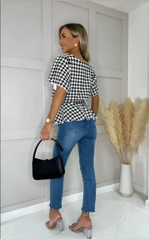 Ruby Houndstooth Batwing Peplum Top