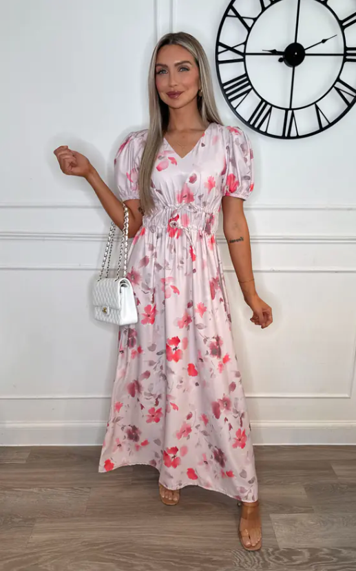 Vienna Pink Floral V-Neck Maxi Dress