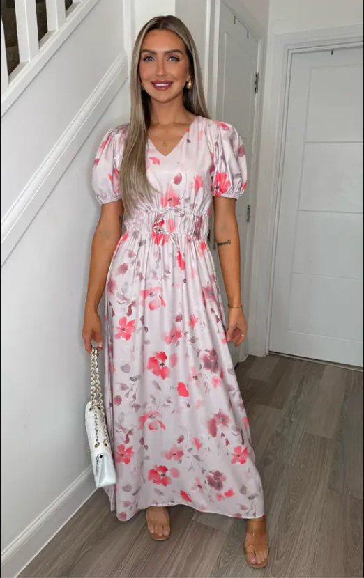 Vienna Pink Floral V-Neck Maxi Dress | 1