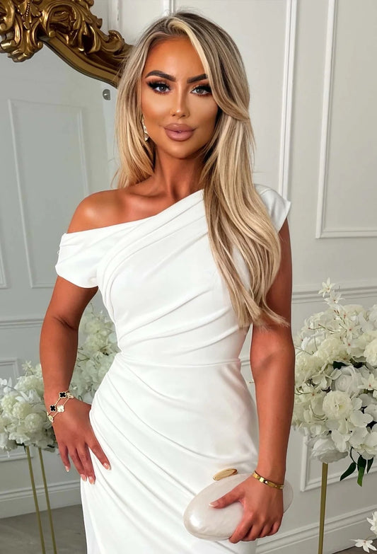 White Off The Shoulder Ruched Midi Dress | 1
