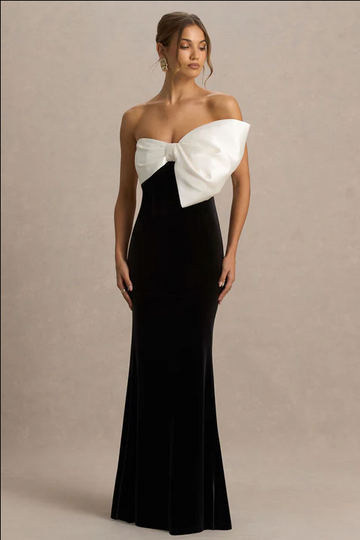 Willa Black And White Velvet Asymmetric-Neck Maxi Dress With Bow Detail