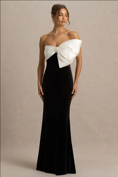 Willa Black And White Velvet Asymmetric-Neck Maxi Dress With Bow Detail