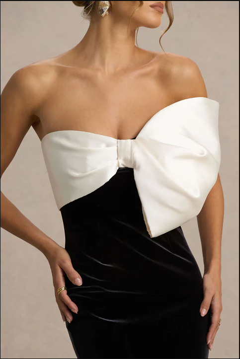 Willa Black And White Velvet Asymmetric-Neck Maxi Dress With Bow Detail