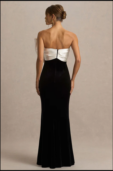 Willa Black And White Velvet Asymmetric-Neck Maxi Dress With Bow Detail | 2