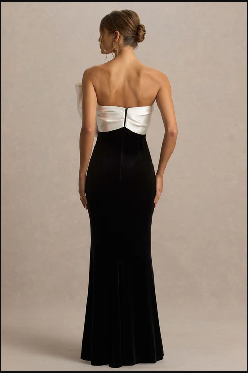 Willa Black And White Velvet Asymmetric-Neck Maxi Dress With Bow Detail | 2