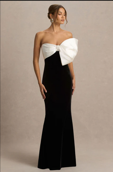 Willa Black And White Velvet Asymmetric-Neck Maxi Dress With Bow Detail | 3