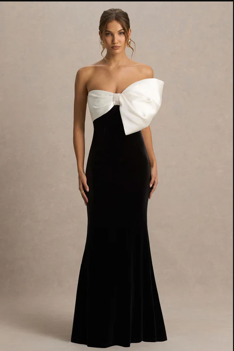 Willa Black And White Velvet Asymmetric-Neck Maxi Dress With Bow Detail | 4