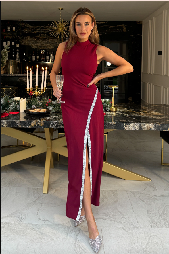 Wine High Neck Maxi With Crystal Split Detail
