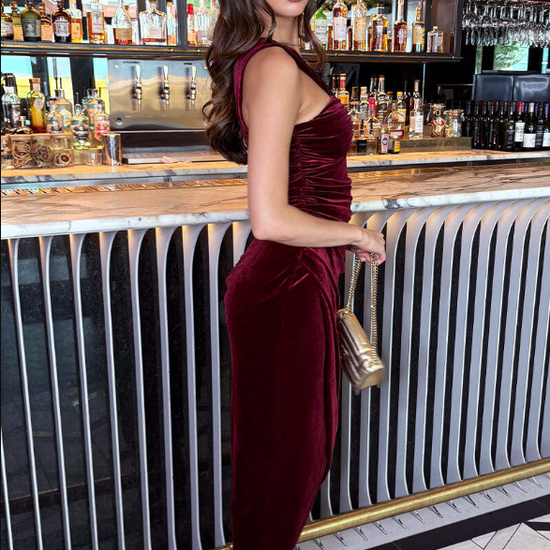 Wine Velvet Knot Detail Wrap Skirt Midi Dress | 3